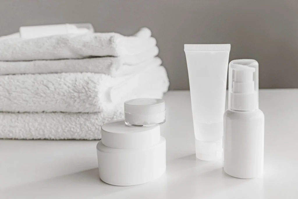 Prodotti cosmetici in primo piano da controllare sempre in etichetta per gli allergeni